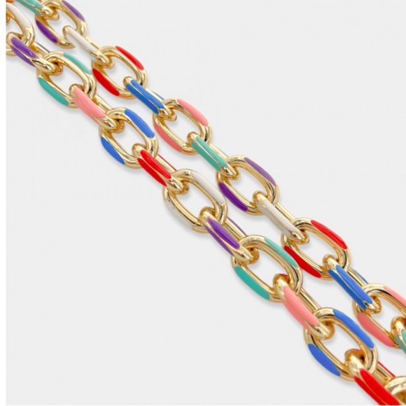 NEW ENAMEL PAPERCLIP Multicolor NECKLACE 14k plated Gold tone Chainlink Festival - Picture 5 of 5